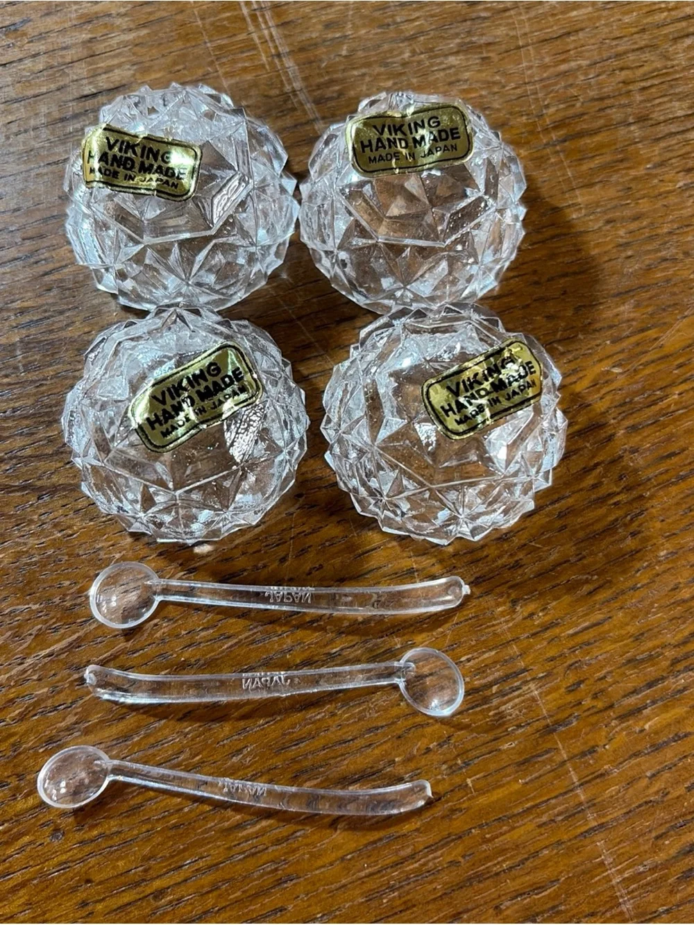 Vintage Viking 4 Pressed Glass Salt Cellars W/3 Mini Spoons-Japan-Diamond Cut